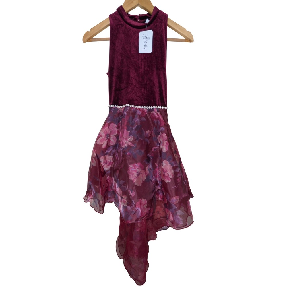 Speechless Kids Girls Size 12 Velvet Floral High Low Formal Dress Burgundy NWT